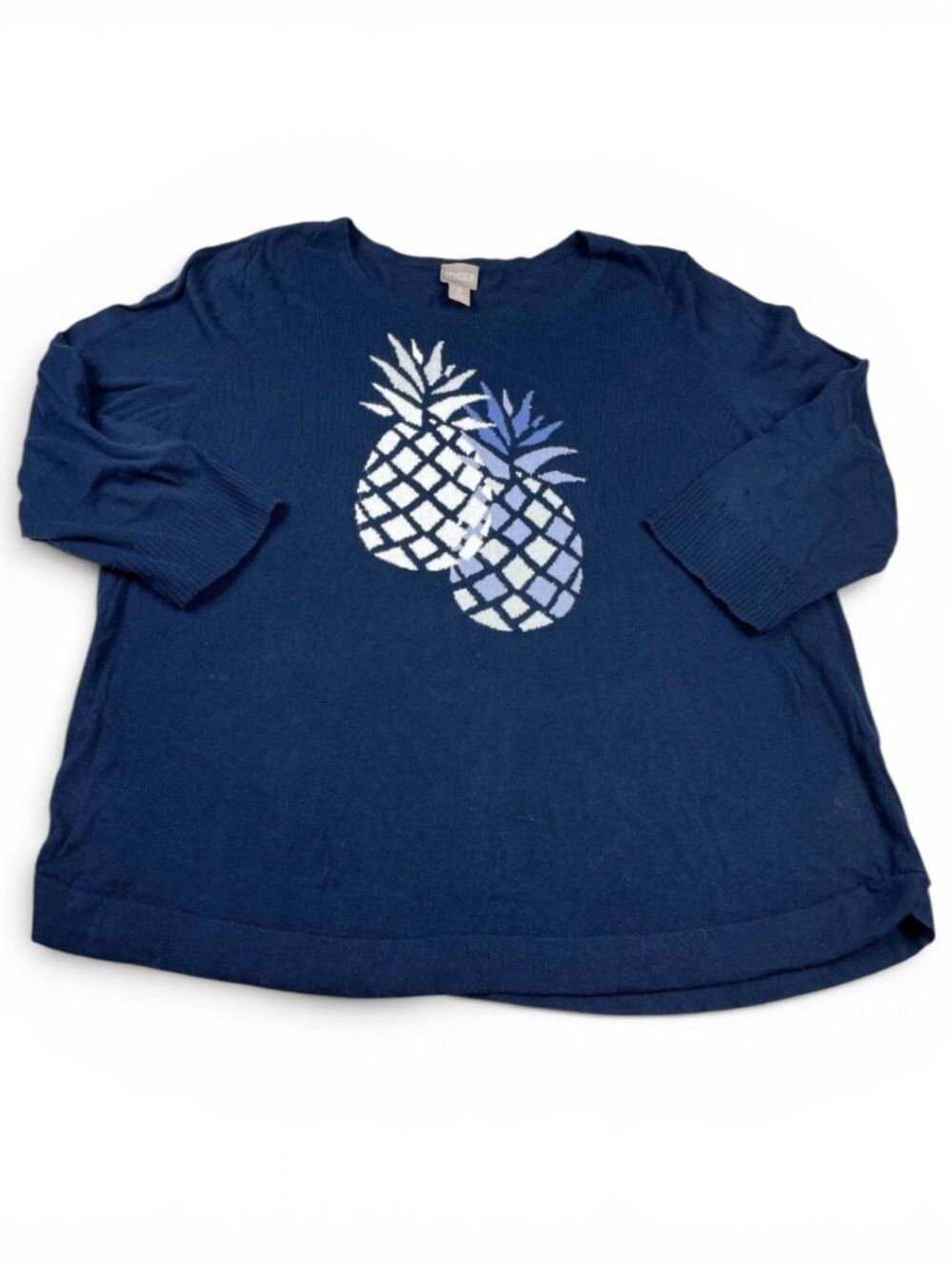 Chicos Pineapple Knit Pullover Sweater Blue Relaxed Fit Cotton Pullover 3 XL